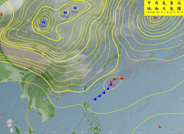 寒流即将报到,贾新兴引述气象局地面天气图,指 22日上午8时出现蒙古