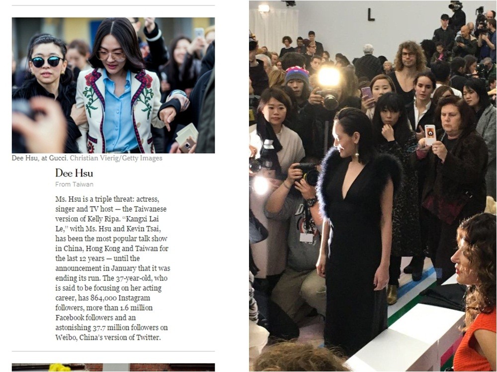 小S在米蘭看秀的身影，被美國《紐約時報》拍下並附文介紹刊登在時尚版面，被熱心粉絲挖出來放上網路瘋傳。（圖／翻攝自《紐約時報》網站、小S臉書）