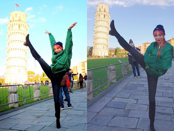 茵茵的長腿可以說是她的心機利器，之前她在義大利拍照，抬起逆天長腿扶正了比薩斜塔。