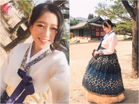 知名網拍模特兒劉逸歡穿傳統韓服，白色上衣、搭配黃花深藍裙裝，表情靦腆羞澀，流露出溫柔婉約的氣質，根本就是從古代走出來的絕世美女嘛！