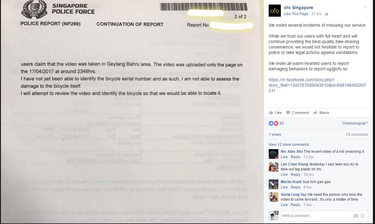 ▲ ofo在臉書貼上一張報警單據，以告誡破壞單車的人。（圖／翻攝自ofo新加坡官方臉書）