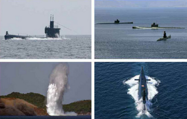 北韓建軍節軍演，出動潛艇對目標射擊魚雷。（圖／翻攝自《勞動新聞》）