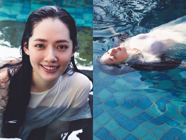 夏天到了，女明星也大解放，郭碧婷日前大曬「濕身照」，穿著白色洋裝躺進游泳池。