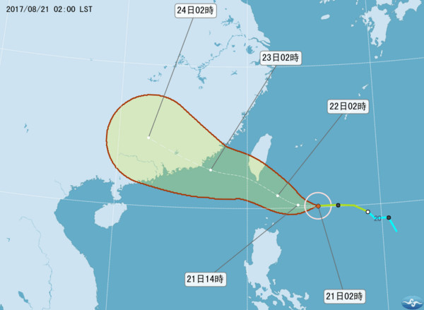 ▲天鴿颱風21日0200路徑潛勢預報。（圖／中央氣象局）