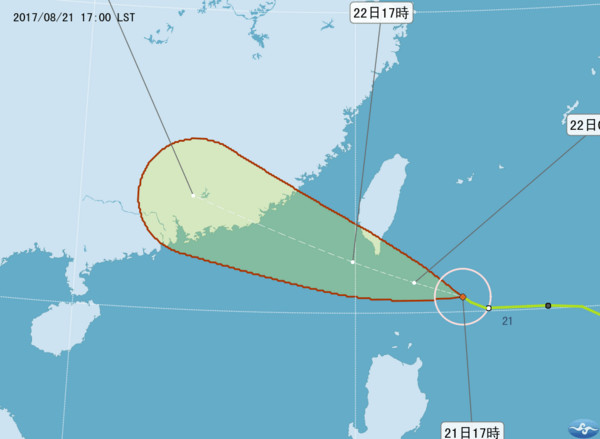▲▼輕度颱風天鴿，21日1700路徑預測。（圖／中央氣象局）