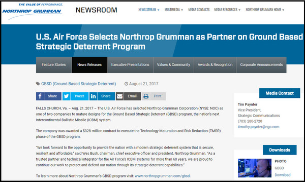 ▲▼諾格公司在官網上發布簽約消息，執行長表示，能為國家提供戰略技術感到自豪。（圖／翻攝自諾格公司Northrop Grumman官網）