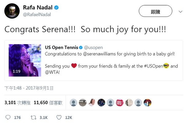 ▲▼ 西班牙網球名將納達爾在推特上祝賀小威廉絲產女。（圖／翻攝自推特／@RafaelNadal）