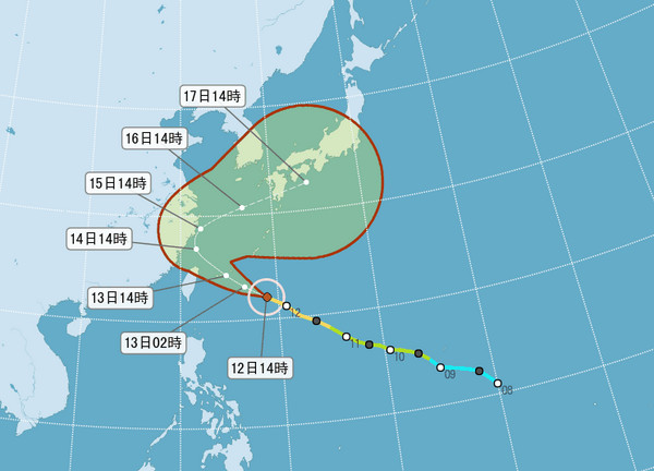▲泰利颱風12日1400路徑預測。（圖／中央氣象局）