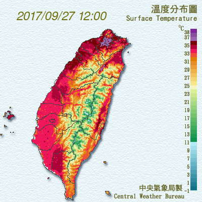 台北27日飆38.6度高溫，創120年9月新高，今晚變天。（圖／中央氣象局）