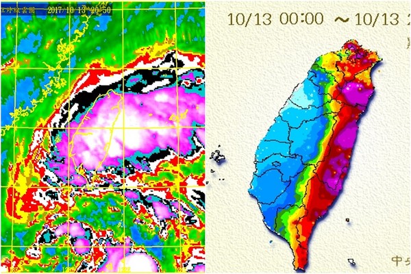 ▲「巨大卡努」狂風豪雨爆發，東半台灣紫爆。（圖／中央氣象局）