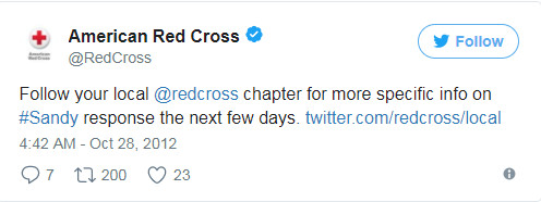 美國紅十字會在Twitter上籲請民眾追蹤各地紅十字會分會帳號，以便獲取最新救災資訊。