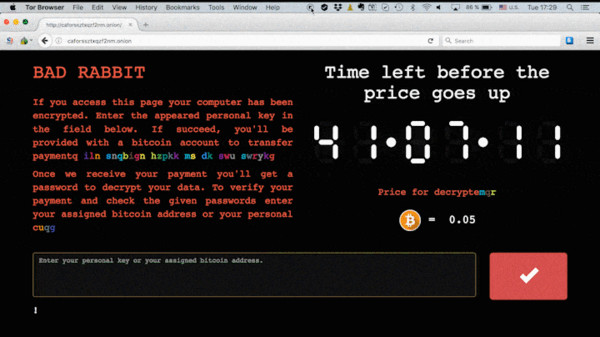 ▲▼勒索病毒 「Bad Rabbit」侵入電腦畫面，要求用戶支付0.05個比特幣。（圖／翻攝自卡巴斯基官網）
