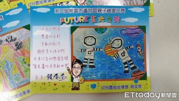 ▲桃園市蘆竹區辦親子繪畫「FUTURE長大之後」比賽，得獎畫作製成明信片，留下美好。（圖／北健提供）