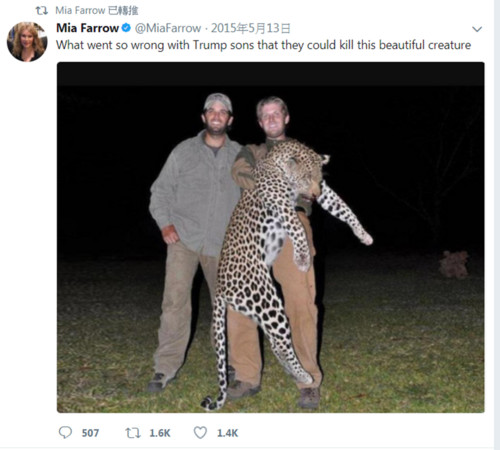 ▲ 女演員米亞•法羅（Mia Farrow）轉推了自己過去指責川普兒子的發文，表達對象牙解禁政策的不滿。（圖／翻攝自米亞推特）