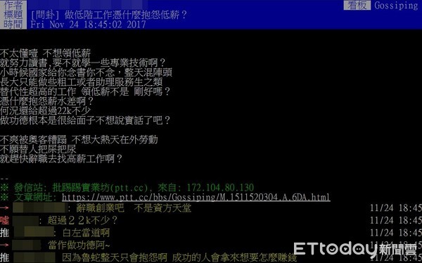 ▲一名網友在PTT八卦板上詢問：「做低階工作憑什麼抱怨低薪？」（圖／翻攝自PTT）