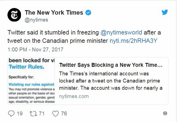 推特員工又「手滑」？　《紐約時報》帳號慘被關閉一天。（圖／翻攝自The New York Times的推特）