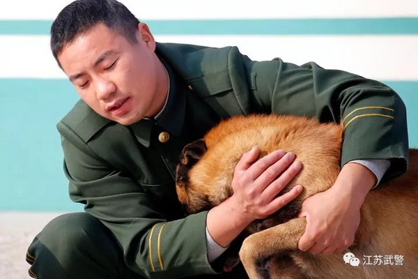 ▲▼江蘇老兵退伍，軍犬咬行李不放。（圖／取自江蘇武警微信）