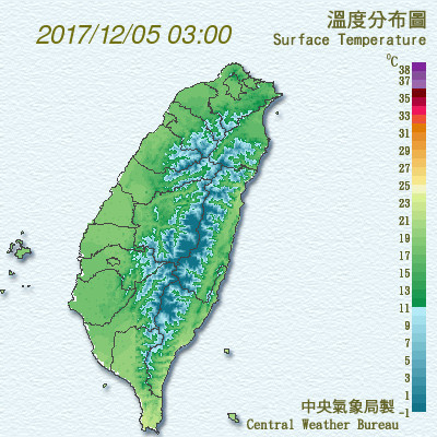 ▲▼高山初雪？冷氣團到一夜降剩13度　「先乾後濕」南台15度有感。（圖／中央氣象局）