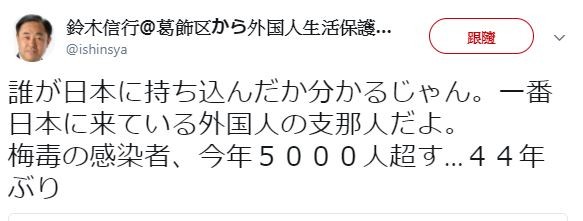 ▲▼鈴木信行稱中國人為「支那人」。（圖／翻攝自鈴木信行推特）