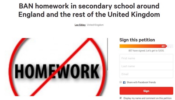 ▲▼英國15歲少年上網連署廢除回家作業。（圖／翻攝自change.org網站）