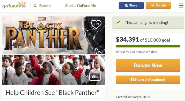 ▲一名社會運動者發起募款讓黑人孩子看漫威電影《黑豹》。（圖／翻攝自gofundme網站）