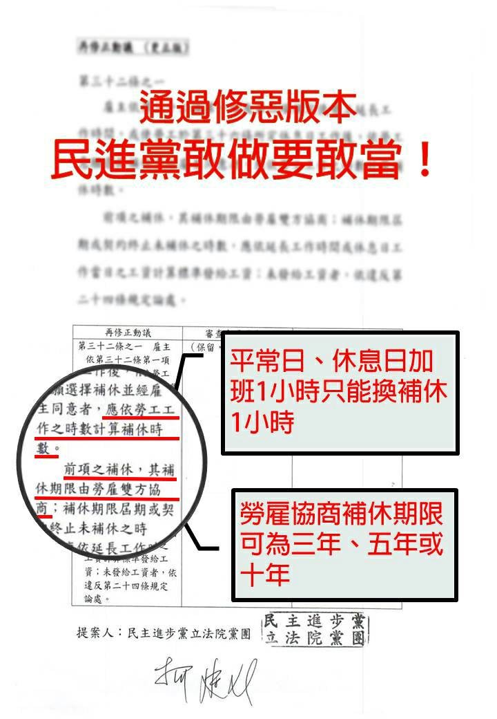 ▲▼針對勞基法加班換補休條文，蔣萬安PO對照表籲民進黨敢做敢當。（圖／蔣萬安辦公室提供）