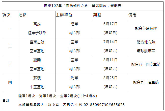 ▲▼國防知性之旅－營區開放時間表。（圖／翻攝自國防部文宣心戰處）