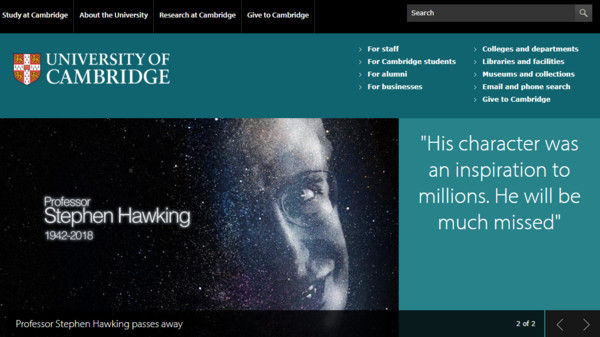 ▲▼ 全球知名物理學家史蒂芬霍金（Stephen Hawking）逝世，劍橋大學也將官網置頂文換成霍金名言。（圖／翻攝自劍橋大學官網）
