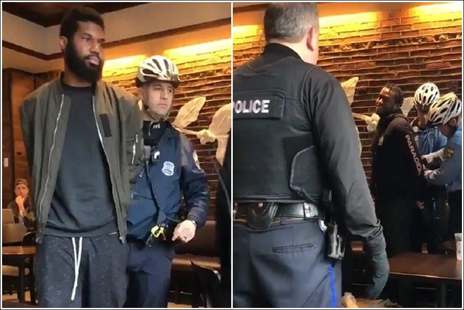 ▲美國費城兩名黑人男子在星巴克被逮捕，目擊民眾直問警察：「他們到底做了什麼事情？」（圖／翻攝自@missydepino推特）