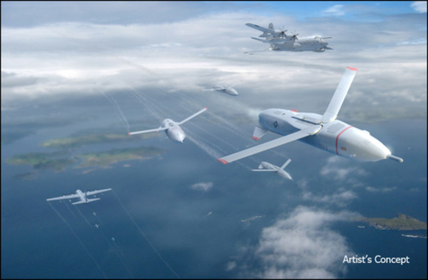 ▲畫家筆下「空中航母」(右上角)釋放出小型無人機的畫面。(圖／翻攝自DARPA網k站)