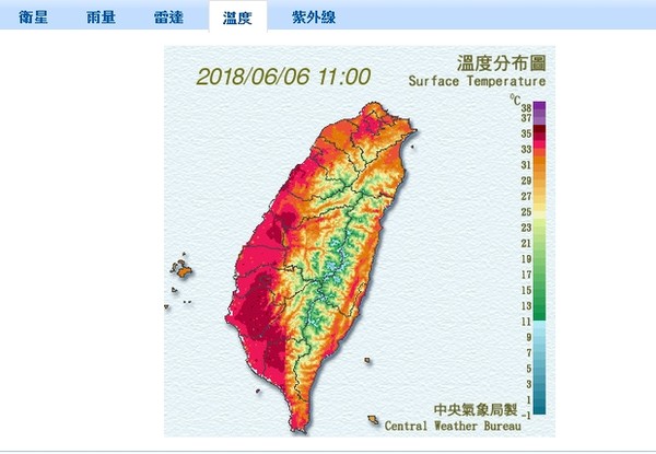 ▲▼ 今(6日)天晴朗炎熱,,氣象局在上午11時15分發布訊息指出,目前嘉義及大台北地區已有36度左右高溫,並有37度高溫發生的機率。(圖/氣象局)