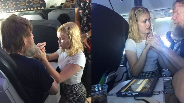 ▲▼15歲加州少女戴利（Clara Daly）學過美國手語，她運用雙手來傳達訊息給看不見也聽不到的乘客。（合成圖／取自阿拉斯加航空公司部落格；Lynette Scribner臉書）