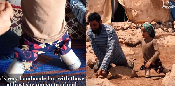 ▲▼敘利亞8歲女童瑪雅（Maya Mohammad Ali Merhi）現居在難民營中，因為天先的一些特殊情況，她與父親穆罕默德（Mohammed）出生時就沒有雙腿。（圖／翻攝自臉書／Syria Charity）