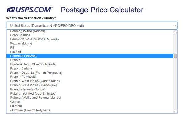▲▼ 美國郵寄目的地國家選項出現「福爾摩沙（台灣）」。（圖／翻攝自美國郵政署官網）