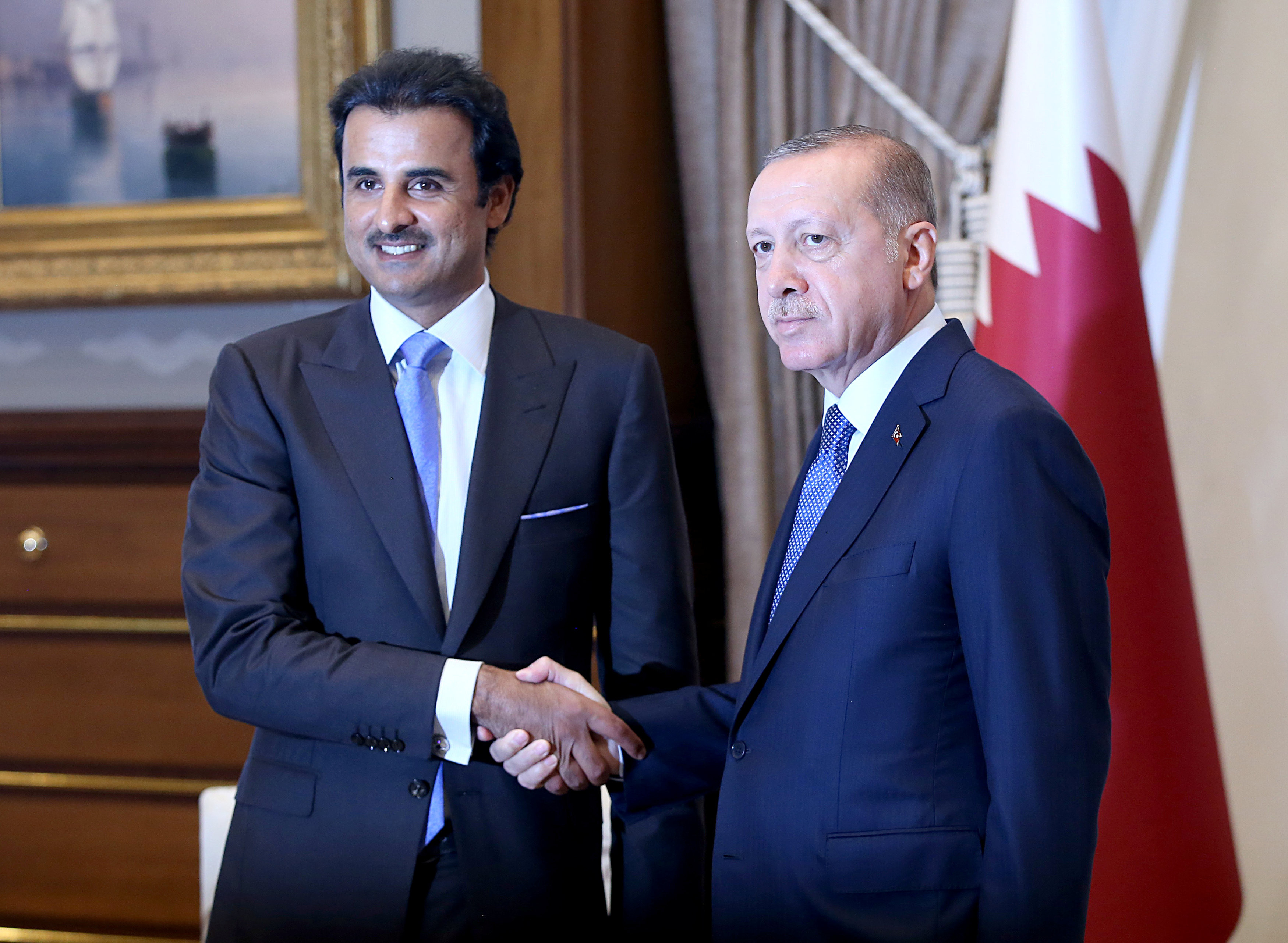 ▲卡達國王阿勒薩尼（Tamim bin Hamad Al Thani）會晤土耳其總統艾爾多安（Recep Tayyip Erdoğan）。（圖／路透社）
