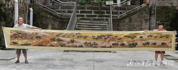 ▲張潤明花五年時間，完成這幅長6公尺的《清明上河圖》十字繡             。（圖／翻攝大陸網站）