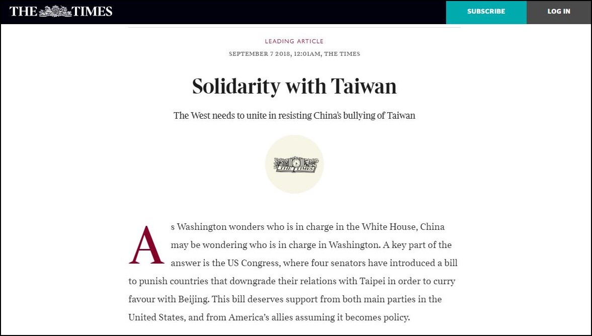 ▲▼《泰晤士報》刊登社論，內容呼籲西方必須團結抵制中國霸凌台灣。（圖／取自《泰晤士報》）