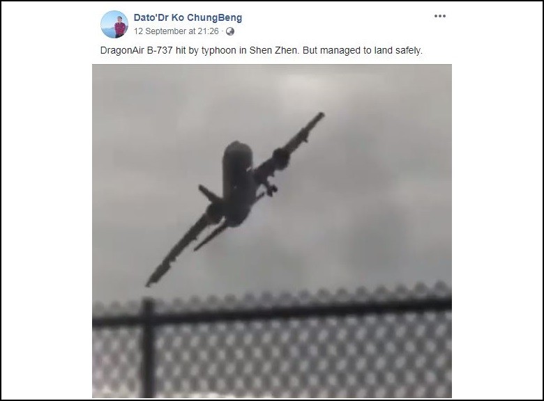 ▲▼ 網路上近日流傳一段港龍航空波音737班機「360度旋轉」的影片，被證實為假新聞。（圖／翻攝自臉書／Dato`Dr Ko ChungBeng）