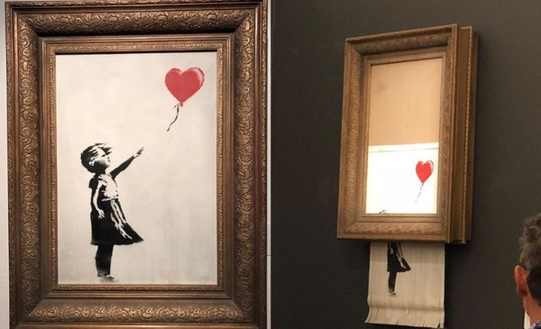 ▲▼英國街頭藝術家班克斯（Banksy）的畫作「女孩與氣球」（Girl With Balloon）在倫敦蘇富比拍賣，價值來到100萬英鎊（約台幣4000萬元），沒想到他居然「自毀」作品。（圖／翻攝自IG／casterlinegoodmangallery）