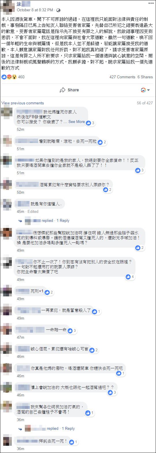 ▲酒駕撞死人，朋友們還在臉書上紛紛表示「加油」，網看不下去直接灌爆。（圖／翻攝自當事人臉書）