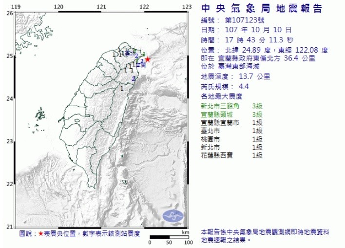 ▲▼1071010台灣東北角發生地震。（圖／中央氣象局）
