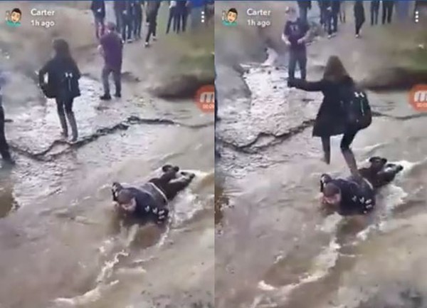 ▲▼加拿大一名腦麻生被同學逼趴水中當人肉跳板。(圖/截自Facebook用戶Brandon Jolie)