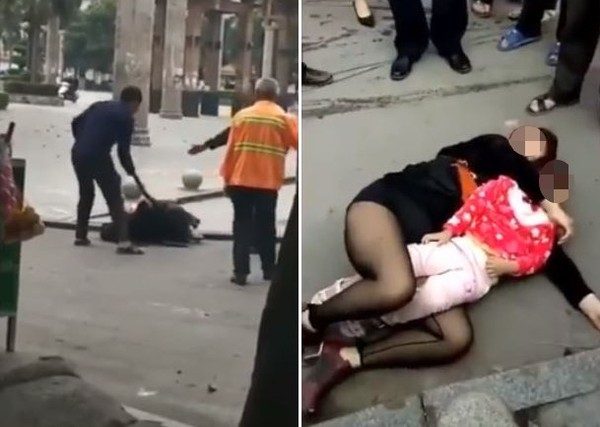 人妻當街遭夫棍毆，緊抱女兒自己當人肉盾牌。（圖／翻攝自微博／新浪新聞客戶端）