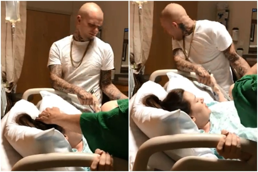 ▲國外一名光頭刺青男看了老婆生產後不小心崩塌凶猛形象。(圖/翻攝自LiveLeak)