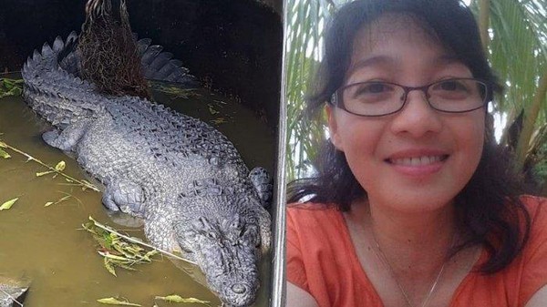 ▲女科學家涂沃(右)餵食鱷魚時，慘遭5公尺長的「美莉」咬掉半截身子！(圖／翻攝自KAOTIC網站)