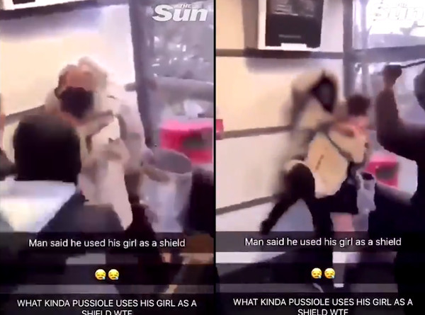▲原來少女可以當盾牌使用。近日國外在知名APP Snapcha上流傳一則誇張影片,內容可以清楚看到一名男子被13個人圍攻,但該男竟緊抱住一名少女,更把她當成「人肉盾牌」,阻擋那些圍攻的人。(圖/翻攝自太陽報)