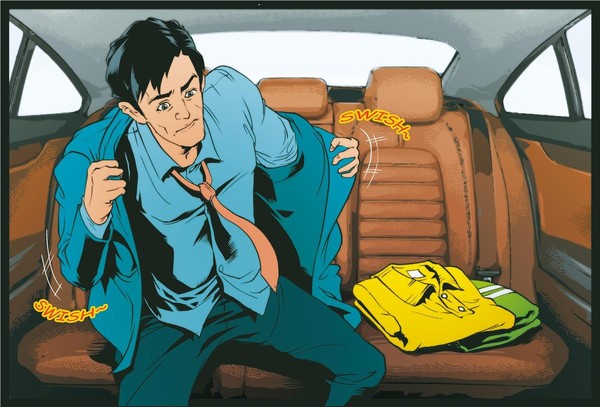 車上變裝:小陳取款得逞後搭計程車逃逸,並在車上換裝,企圖躲避監視器追蹤。