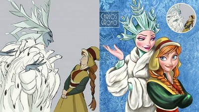 迪士尼公主原始草圖服裝設定　反派艾莎頂大冰柱頭飾、全身動物皮草
