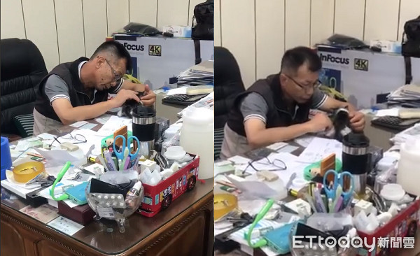 ▲▼老闆帶頭玩貓「上班幸福臉弄孫」! 女兒嘆:牠才是親生的。(圖/網友Chloe Wu授權提供)