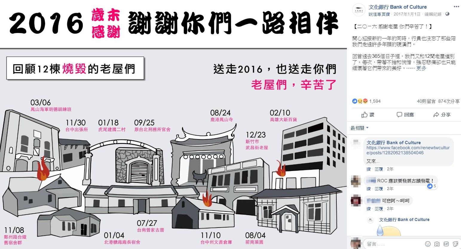 ▲▼台灣2016年被燒毀的歷史建物。（圖／翻攝自Facebook／文化銀行 Bank of Culture）